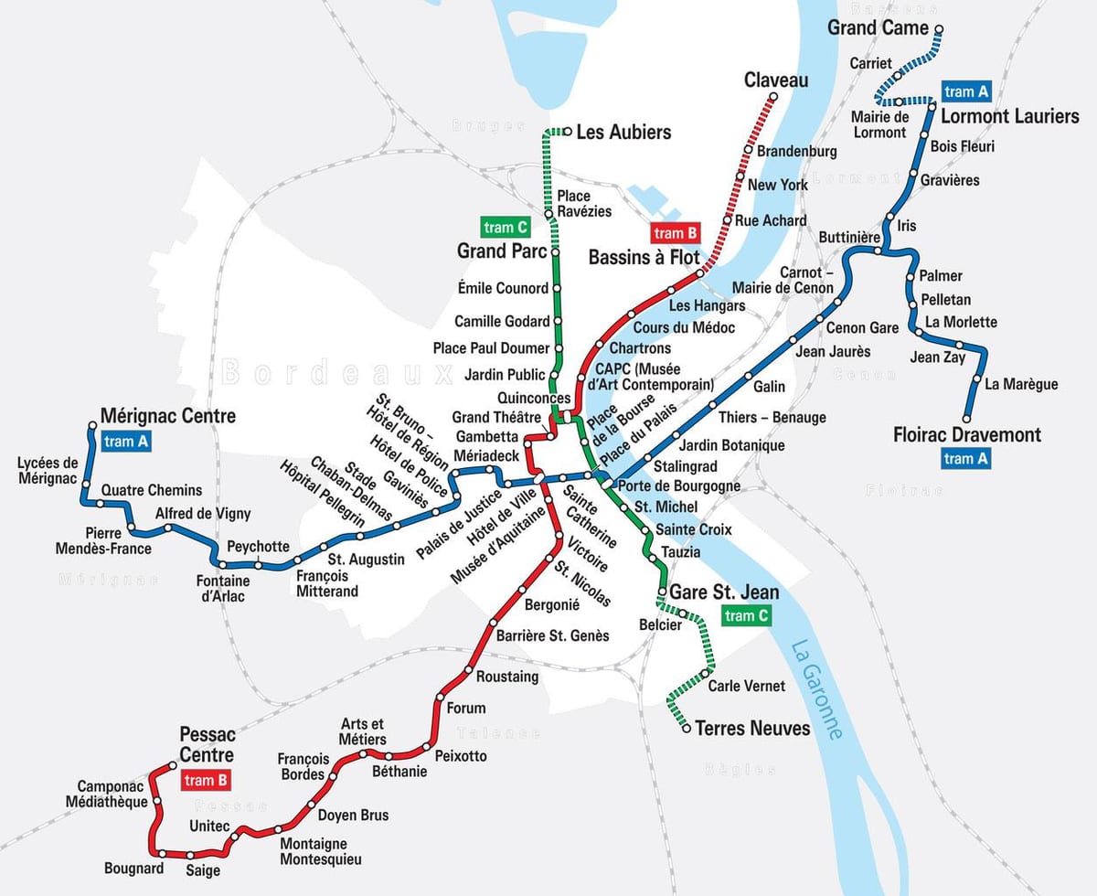 Bordo tramvajus sistemos žemėlapis